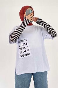 Modalamelif Everything Baskılı  Duble Kol Yan Yırtmaçlı T-Shirt Beyaz