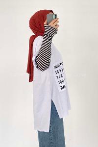 Modalamelif Everything Baskılı  Duble Kol Yan Yırtmaçlı T-Shirt Beyaz