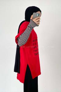 Modalamelif Everything Baskılı  Duble Kol Yan Yırtmaçlı T-Shirt Kırmızı