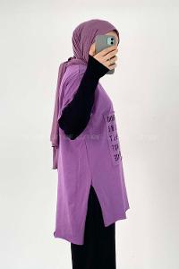 Modalamelif Everything Baskılı  Duble Kol Yan Yırtmaçlı T-Shirt Mor