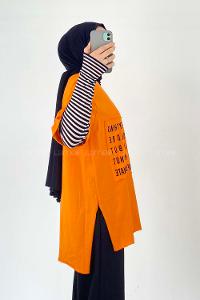 Modalamelif Everything Baskılı  Duble Kol Yan Yırtmaçlı T-Shirt Oranj