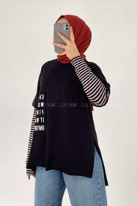 Modalamelif Everything Baskılı  Duble Kol Yan Yırtmaçlı T-Shirt Siyah