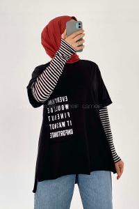 Modalamelif Everything Baskılı  Duble Kol Yan Yırtmaçlı T-Shirt Siyah