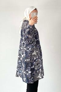 Modalamelif  Kilim Desen Dijital Baskı Gömlek Ekru- Mavi