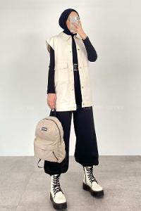 Lamelif Önü Çıtçıt Düğmeli Yelek Krem