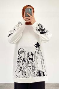 Modalamelif Bisiklet Yakalı Kız Baskılı Sweat Tunik Beyaz