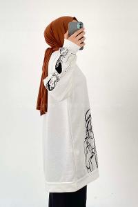 Modalamelif Bisiklet Yakalı Kız Baskılı Sweat Tunik Beyaz