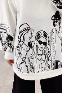 Modalamelif Bisiklet Yakalı Kız Baskılı Sweat Tunik Beyaz