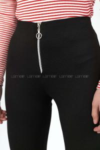 Modalamelif Önü Fermuarlı İspanyol Paça Çelik Örme Tayt Siyah