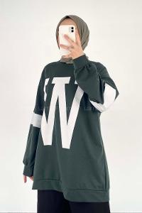 Modalamelif W Baskılı Kol Şerit Sweat Tunik Haki