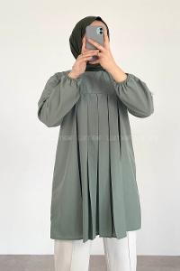 Modalamelif Kol Lastikli Pile Detaylı Tunik Pastel Yeşili