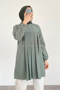 Modalamelif Kol Lastikli Pile Detaylı Tunik Pastel Yeşili