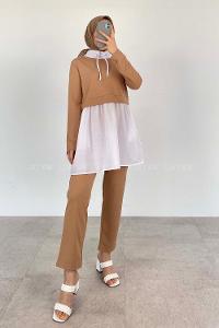 Lamelif Gömlek Garnili Tesettür Takım Camel