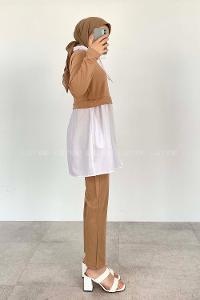 Lamelif Gömlek Garnili Tesettür Takım Camel