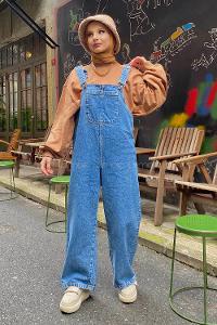 Modalamelif Askılı Önü Cep Detaylı Bol Paça Slopet Tulum Kot Mavisi