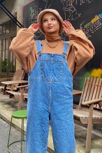 Modalamelif Askılı Önü Cep Detaylı Bol Paça Slopet Tulum Kot Mavisi