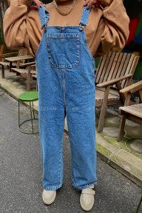 Modalamelif Askılı Önü Cep Detaylı Bol Paça Slopet Tulum Kot Mavisi