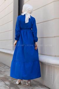 Lamelif Yarım Düğme Detaylı Terikoton Elbise Saks Mavisi