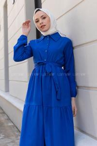 Lamelif Yarım Düğme Detaylı Terikoton Elbise Saks Mavisi