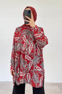 Modalamelif Şal Desen Dijital Baskı Gömlek Kırmızı