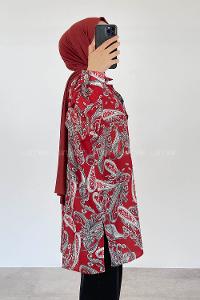 Modalamelif Şal Desen Dijital Baskı Gömlek Kırmızı