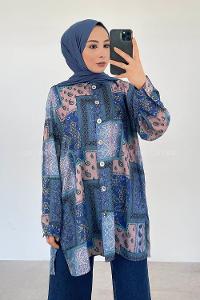 Modalamelif Şal Desen Dijital Baskı Gömlek Mavi