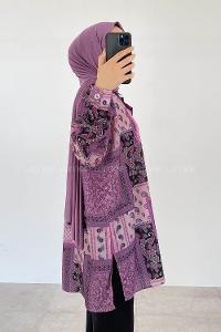Modalamelif Şal Desen Dijital Baskı Gömlek Mor