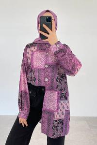 Modalamelif Şal Desen Dijital Baskı Gömlek Mor