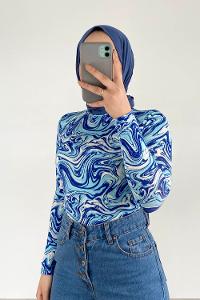 Blue Mock Turtle Neck Long Arm Viscose Fabric Body