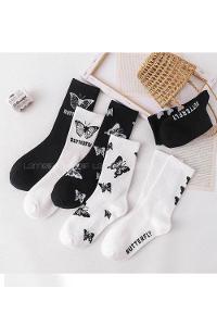 Lamelif 6 Çift Siyah Beyaz Kelebek Desenli Pamuklu Kolej Çorap