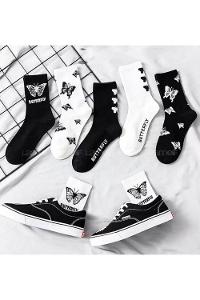 Lamelif 6 Çift Siyah Beyaz Kelebek Desenli Pamuklu Kolej Çorap