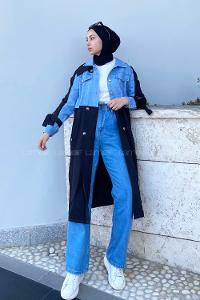 Modalamelif Belden Bağlamalı Kot Garnili Trenç Siyah