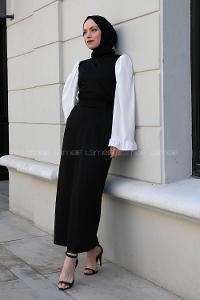Lamelif Garnili Kolu Volanlı Tesettür Elbise Siyah