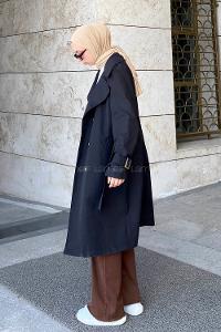 Black Long Arm Belted Cotton Trench Coat