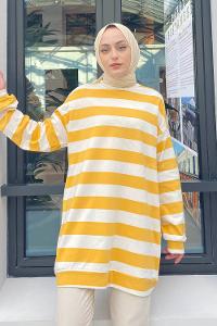 Modalamelif Bisiklet Yaka Kalın Çizgili Sweatshirt Beyaz-Sarı