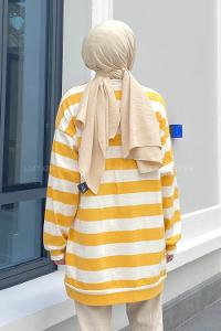 Modalamelif Bisiklet Yaka Kalın Çizgili Sweatshirt Beyaz-Sarı