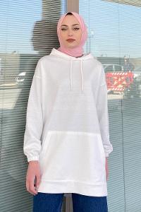 Modalamelif Kapşonlu Kanguru Cep Sweat Beyaz