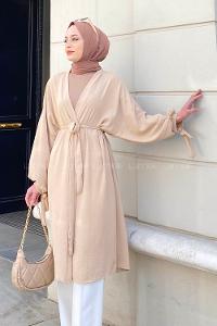 Cream Bat Sleeve Arm Without Accessories Viscose Fabric Straight Kimono