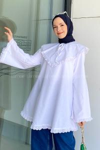 Modalamelif Pelerin Yaka Fistolu Gömlek Beyaz