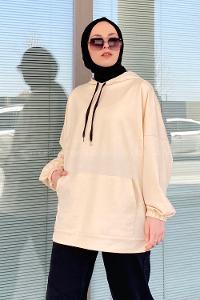 Lamelif Kapşonlu  Karpuz Kol  Sweat Krem