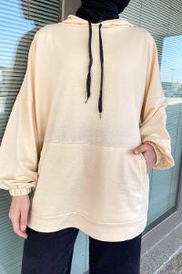 Lamelif Kapşonlu  Karpuz Kol  Sweat Krem