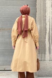 Lamelif Önü Düğmeli Mevsimlik Trençkot Sütlü Kahve