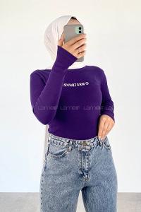 Purble Crew Neck Long Arm Without Accessories Printed Blouse