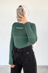 Emerald Green Crew Neck Long Arm Without Accessories Printed Blouse