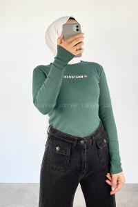 Emerald Green Crew Neck Long Arm Without Accessories Printed Blouse