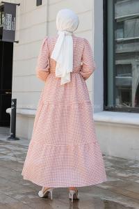 Salmon Medium Crew Neck Cotton Fabric Unprinted Dresess