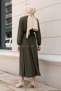 Khaki Crew Neck Unprinted Dresess