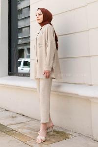 Stone Shirt Collar Long Arm With Brooch Linen Regular Trousers Comfortable Suit