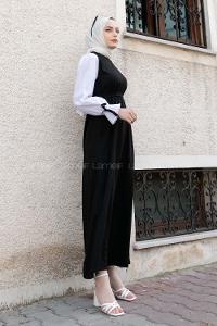Modalamelif Kol Büzgülü Kuşaklı Elbise Siyah