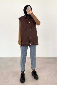 Lamelif Önü Çıtçıt Düğmeli Yelek Kahverengi